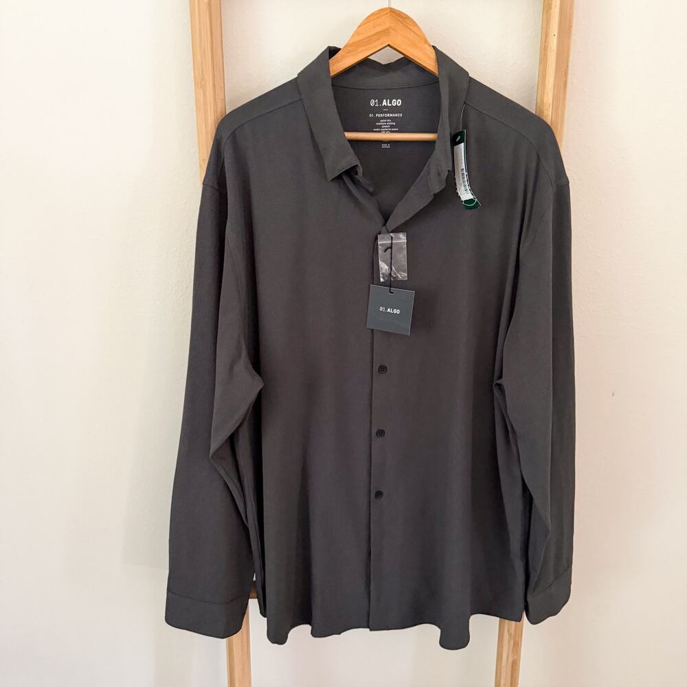 NWT 01.ALGO Performance Button Up Shirt XXL Gray Check Stretch Quick Dry UPF 40
